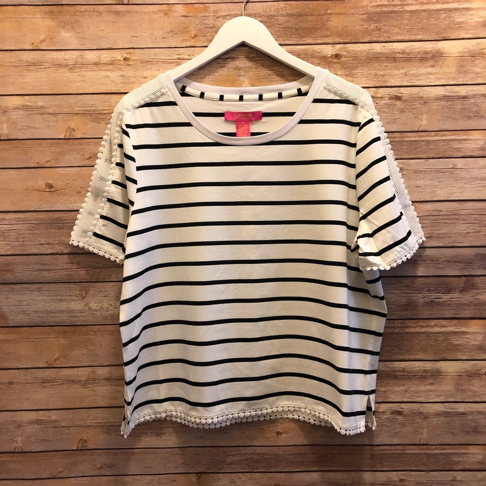 Catherine Malandrino Swiss Dot Trimmed Stripe Tee Size XL NWT